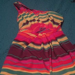 One shoulder rainbow stripe dress